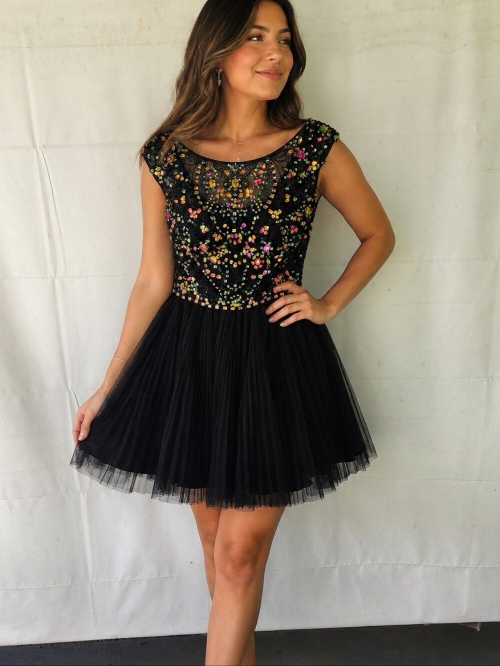 Sherri Hill Black Tulle Dress with Multicolor Sequin Bodice